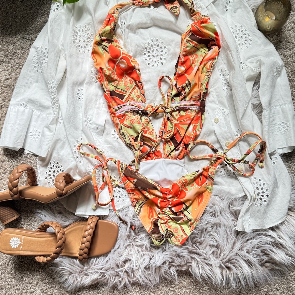 Tropical Floral Cutout One Piece Swimsuit Orange & Brown Halter Tie, Cheeky Fit - Picture 6 of 12